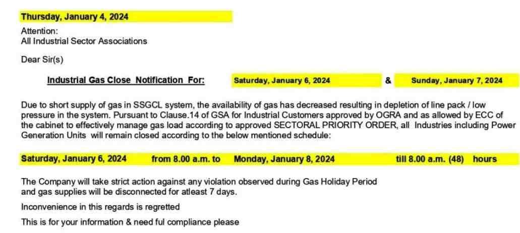 sui southern industrial gas load shedding disclosure notification pakistan