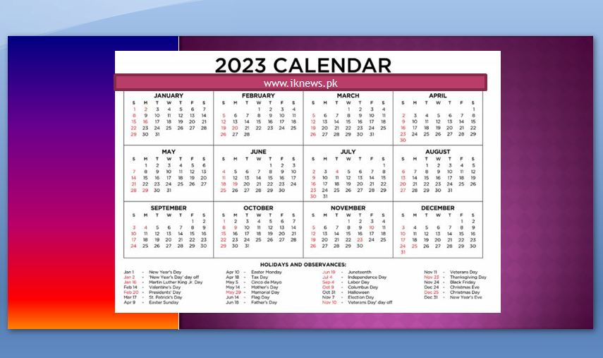 2023 Calender with holidays in Pakistan
