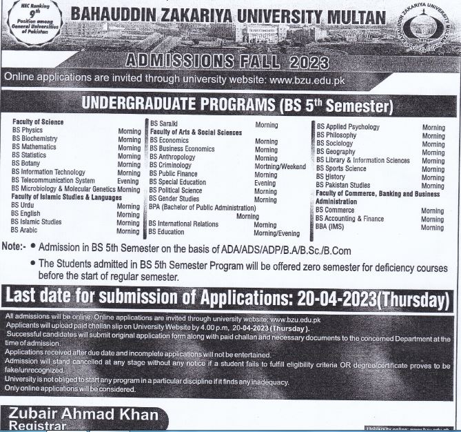 BZU Multan fall admission 2023