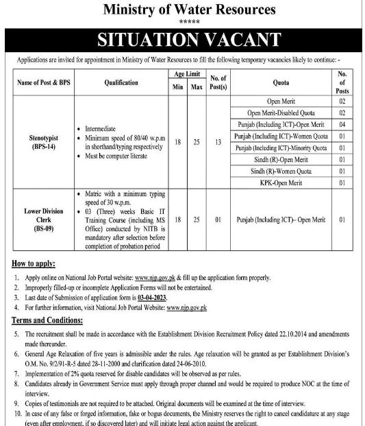 Latest jobs in Ministry of water resources 2023