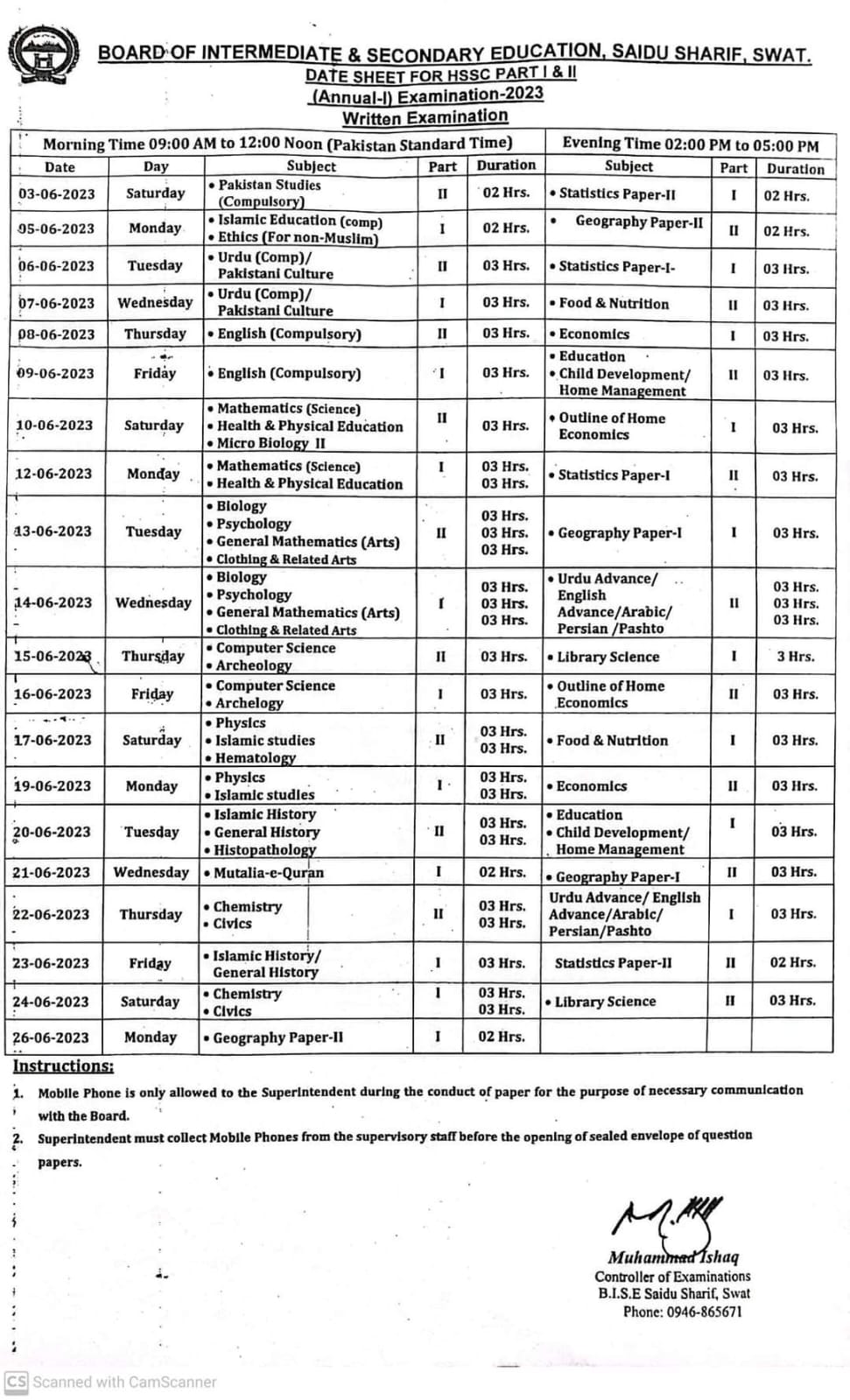 BISE Swat Board FA Fsc Date sheet 2023 annual exams