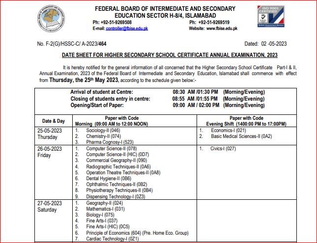 Federal board date sheet 2023 download