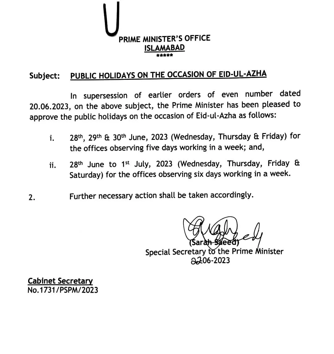 Eid Ul Adha Holidays 2023 in Pakistan notification